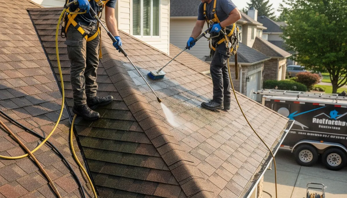 Roof cleaning in Vancouver, WA by FX Remodeling & Exteriors removes moss and debris from a home roof