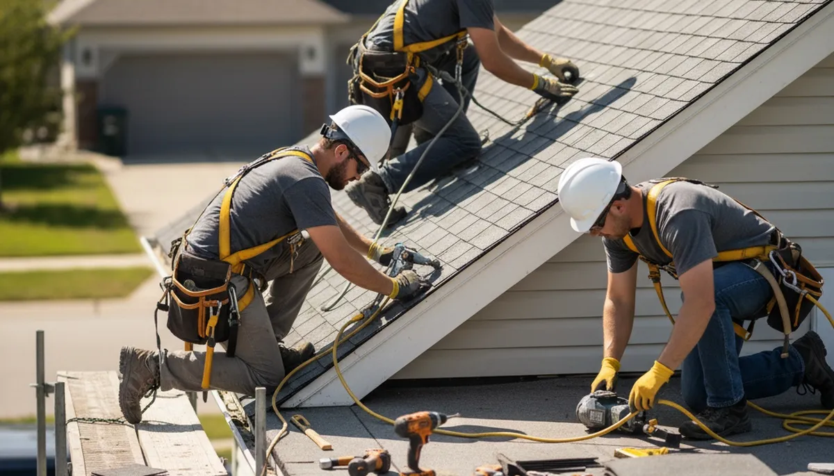 Roof repair crew in Vancouver, WA fixing storm-damaged shingles on a residential home